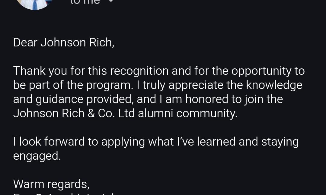 Student testimonial message appreciating the knowledge gained